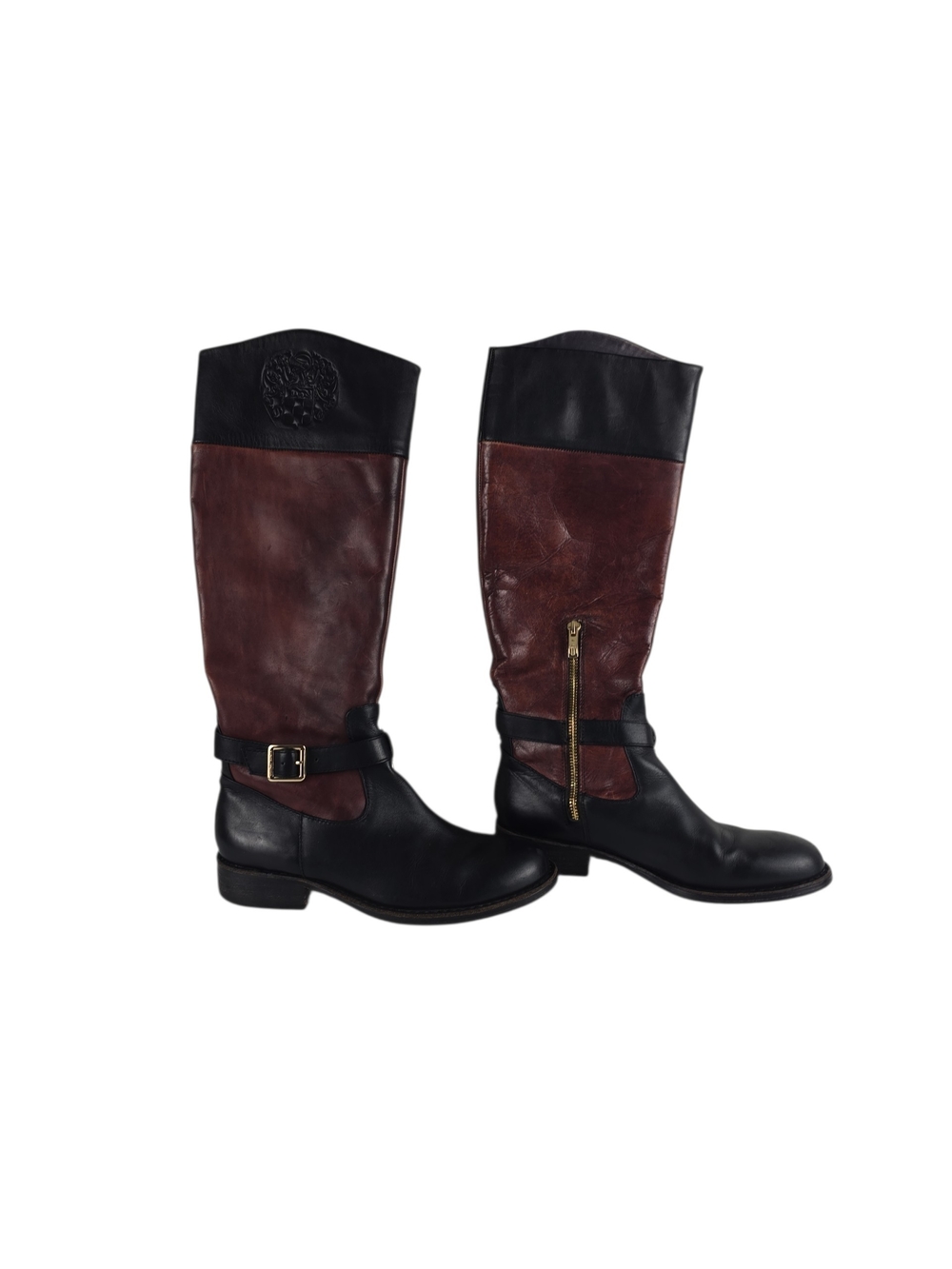 Vince Camuto Two-Tone Leather Low Stacked Heel Riding Boots in Brown and Black